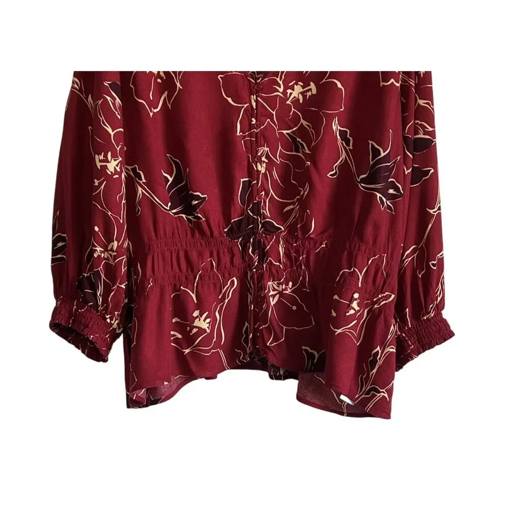 Sofía Jeans By Sofía Vergara Womens 2X Burgundy Viscose Floral Blouse Smocking - Picture 3 of 7